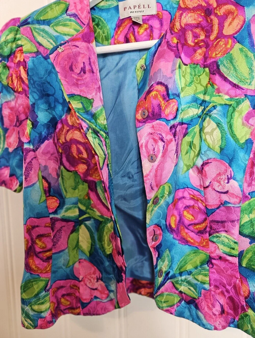 Vintage Papell Petites Blouse Size 2 100% Silk Floral Power Dressing Multicolors